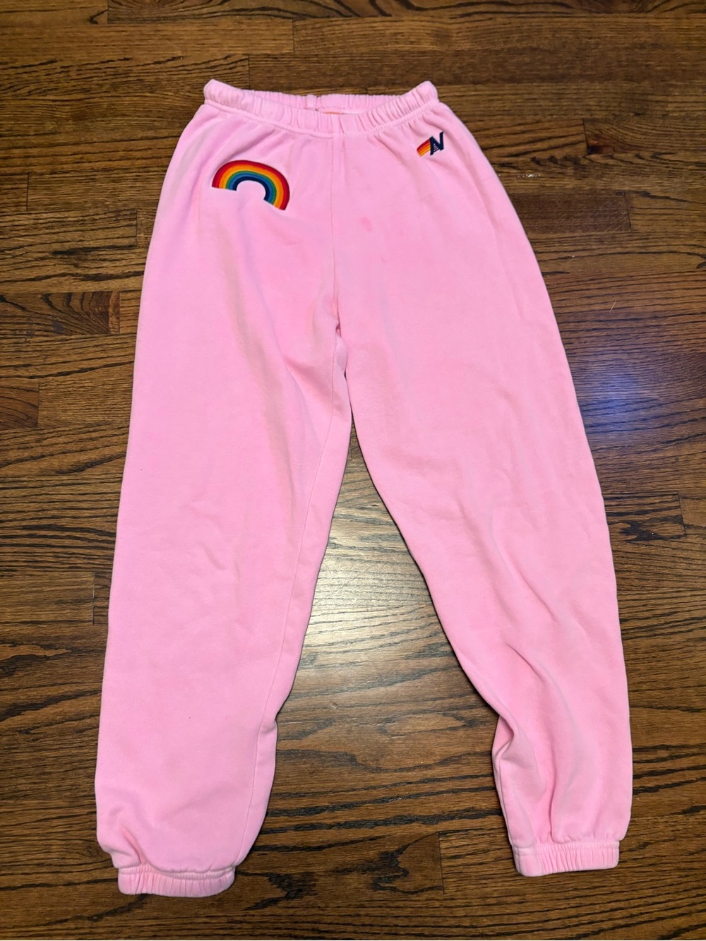 Pink aviator nation sweatpants with rainbow patch